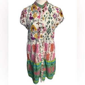 100% Cotton Be Boho Dress Floral Multi Colored Bird Cottagecore Folk Art Medium